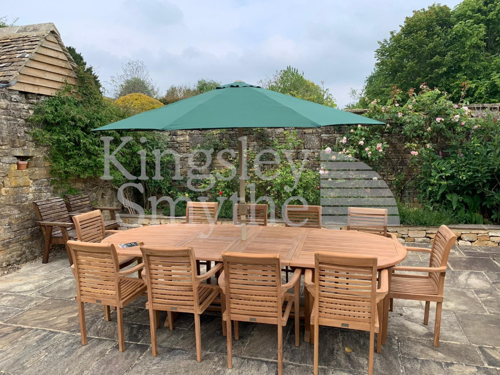 Extending Teak Garden Dining Table and 10 Chairs. Buy Direct