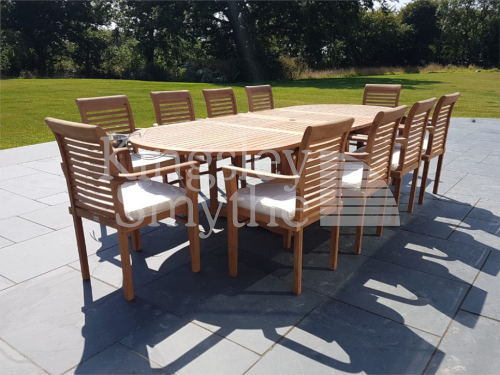 Extending Teak Garden Dining Table and 10 Chairs. Buy Direct