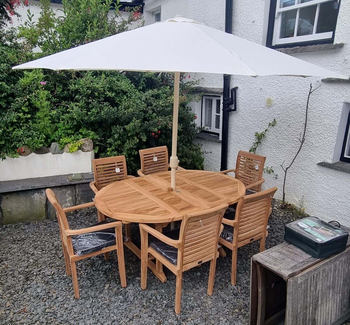 Garden table and discount chairs with umbrella